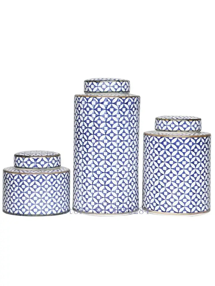 Set of three cylindrical ceramic tea canisters with blue and white geometric patterns from decorbites chinese retro ceramics golden collection