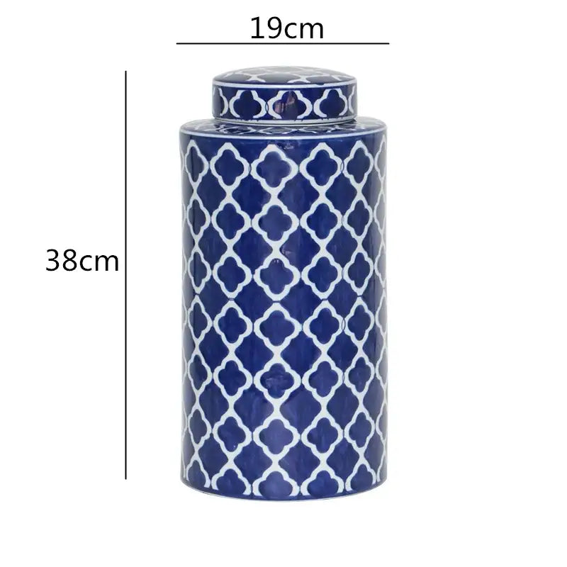 Decorbites chinese retro tall blue ceramic jar with white lattice pattern and lid for home décor and organization