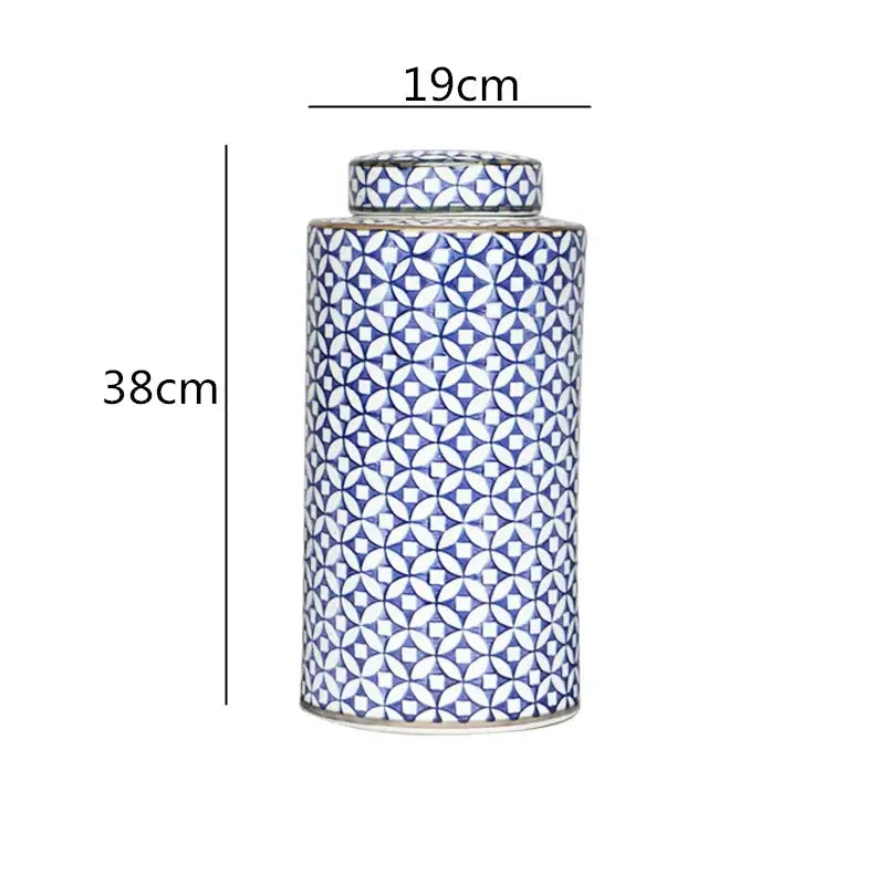 A tall porcelain tea canister with lid featuring blue and white geometric pattern in decorbites chinese retro ceramics golden style