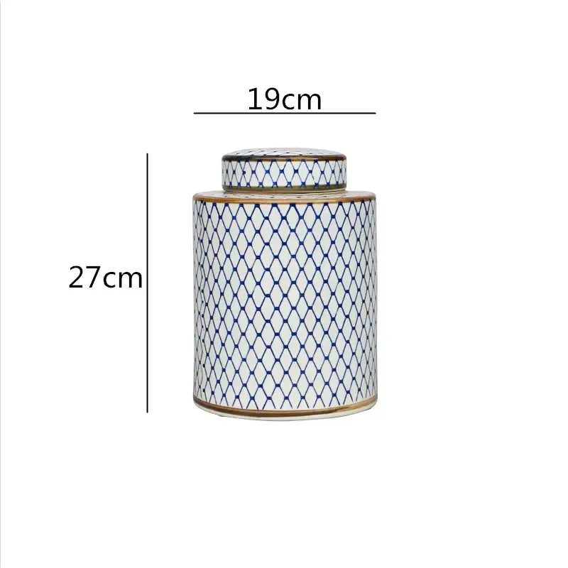 DecorBites chinese retro porcelain tea canister with blue lattice pattern and gold trim for home décor and organization