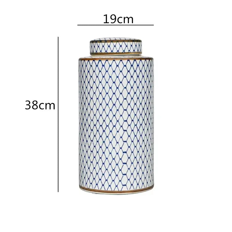 DecorBites™ Chinese retro porcelain tea canister with blue diamond pattern and gold trim for home décor and organization