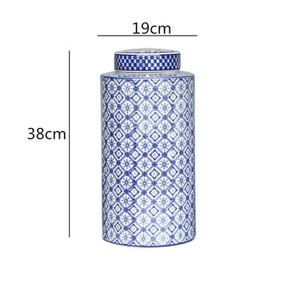 A tall cylindrical porcelain jar with lid featuring blue and white geometric pattern from decorbites chinese retro ceramics collection