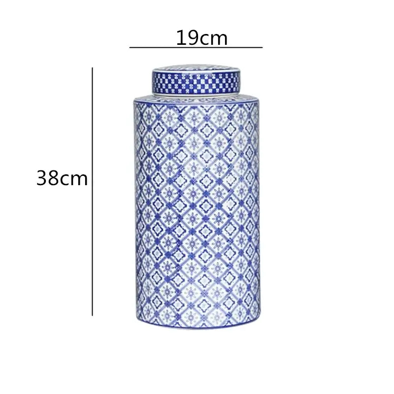A tall cylindrical porcelain jar with lid featuring blue and white geometric pattern from decorbites chinese retro ceramics collection