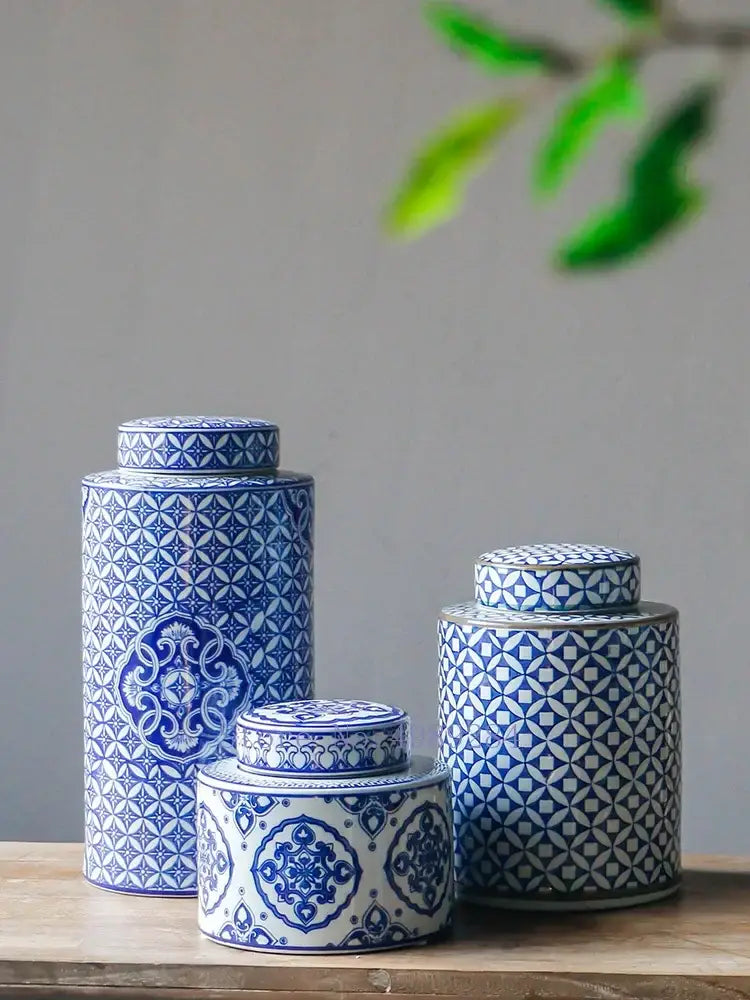 Three blue and white ceramic tea caddies with intricate patterns from decorbites chinese retro ceramics collection