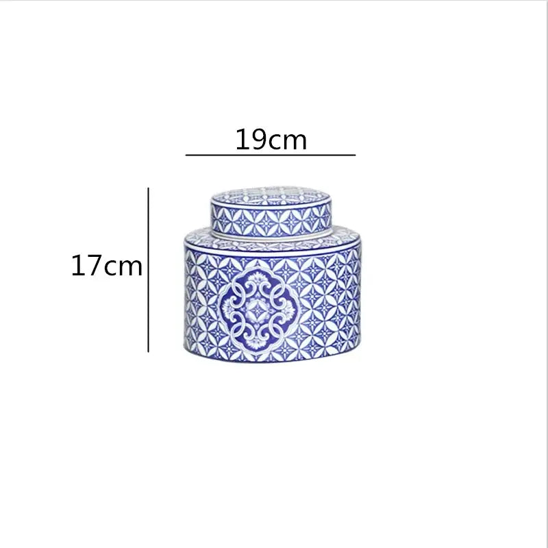 A blue and white ceramic jar with lid featuring intricate patterns from decorbites chinese retro ceramics collection