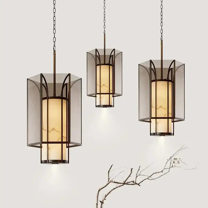Three elegant hexagonal decorbites chinese retro chandelier pendant lights with amber marble glass and dark bronze frames