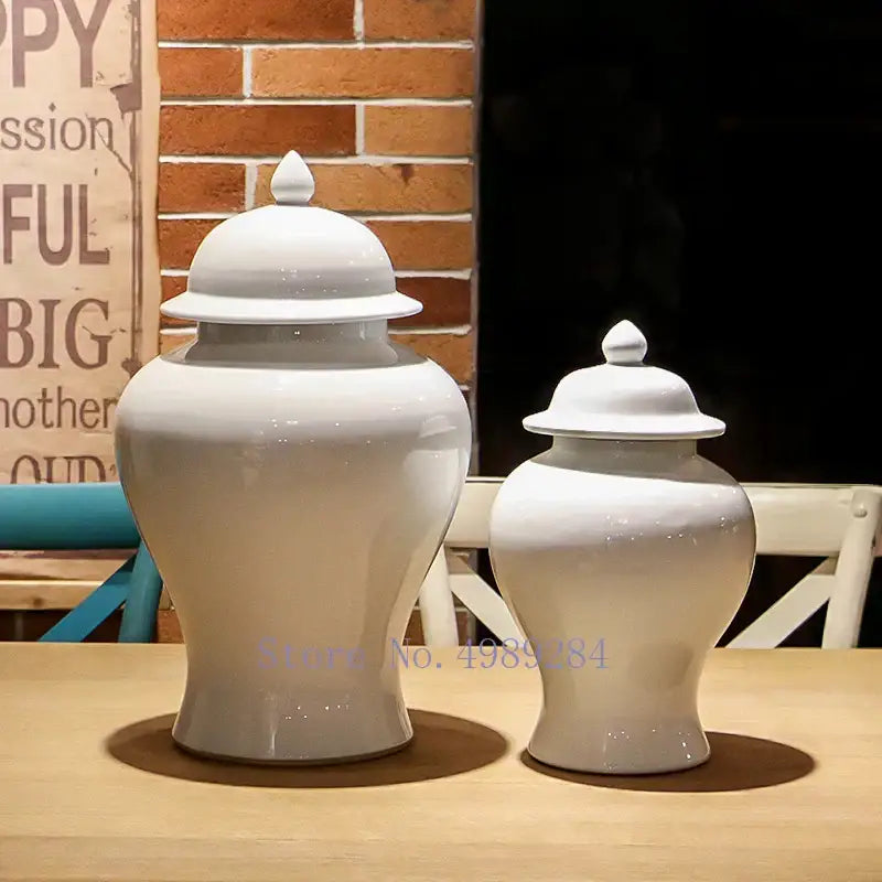 Two glossy white ceramic general jar vases with matching lids and pointed finials for home decor and storage