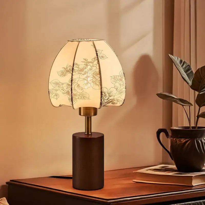 Decorbites chinese retro bedside lamp with dark wood base, brass stem, and off-white fabric shade with gold floral embroidery
