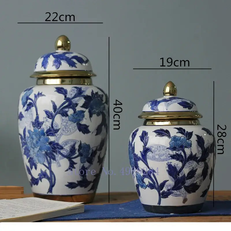 Blue and white porcelain DecorBites™ Chinese retro storage tank vase with gold-toned lids for modern home decoration