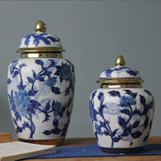 DecorBites™ blue and white porcelain storage tank vase with gold-toned lid for modern home decoration