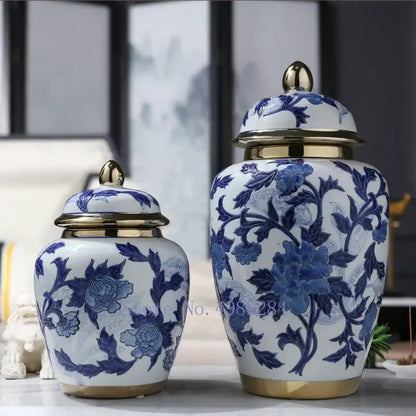 DecorBites™ blue and white porcelain storage tank vase with gold lids and floral patterns for modern decoration