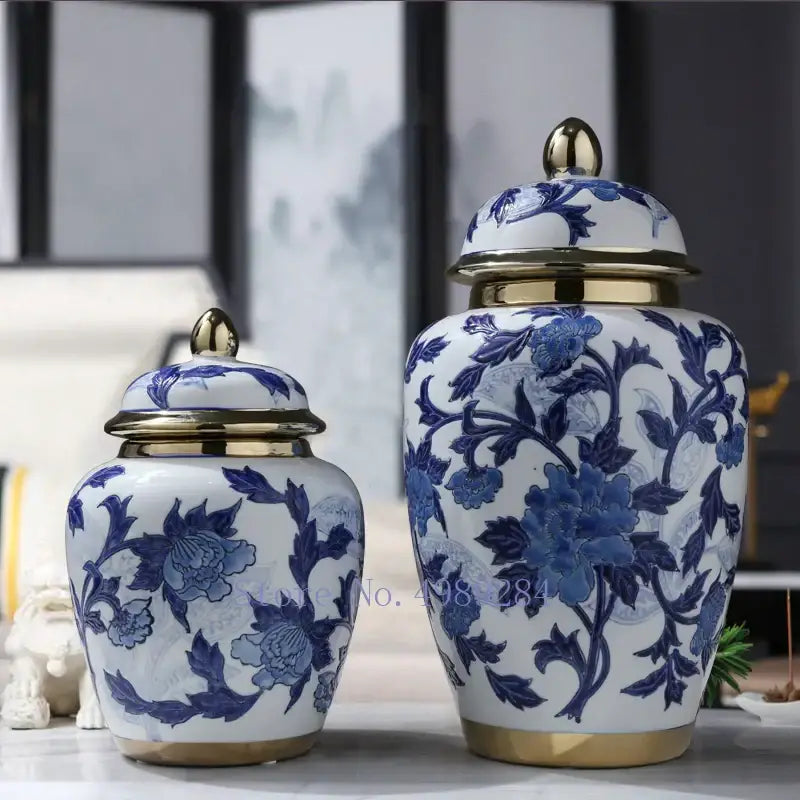 DecorBites™ blue and white porcelain storage tank vase with gold lids and floral patterns for modern decoration