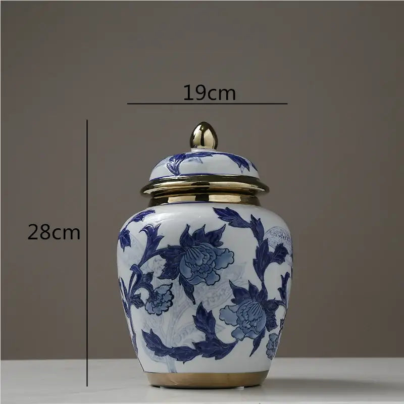 DecorBites™ classic blue and white porcelain storage tank vase with gold-toned lid for modern home decoration