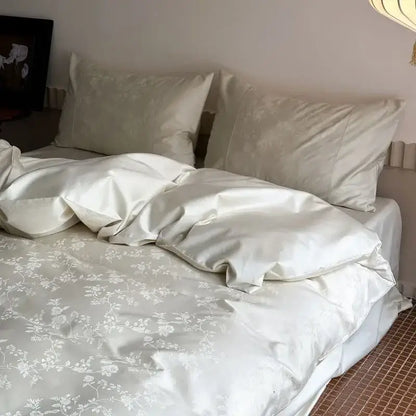Cream-colored satin duvet cover with delicate white floral embroidery from decorbites™ chinese style cotton jacquard cover set