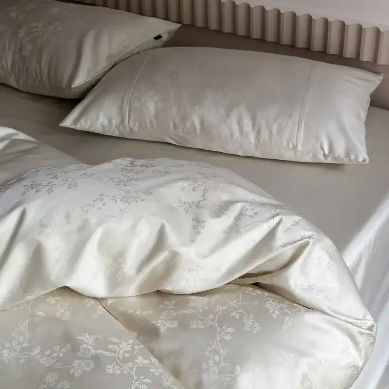 Cream-colored satin duvet cover with delicate silver floral embroidery from DecorBites™ chinese style cotton jacquard cover set