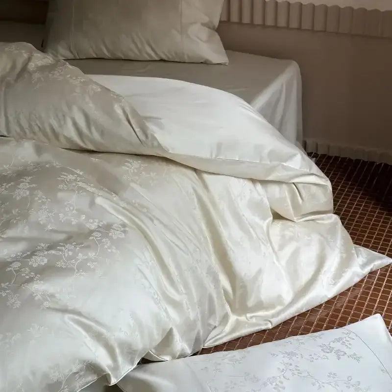Cream-colored satin duvet cover with subtle floral embroidery in DecorBites™ Chinese style 100% cotton jacquard cover set