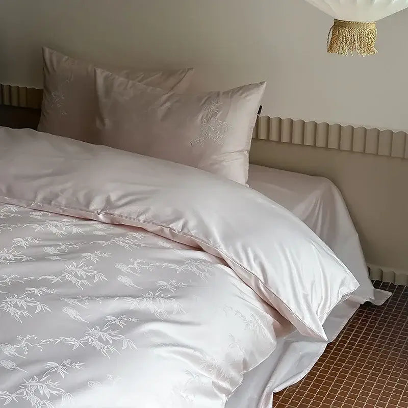 DecorBites™ Chinese style silk duvet cover set in soft blush pink with white bamboo and bird embroidery luxury bedding