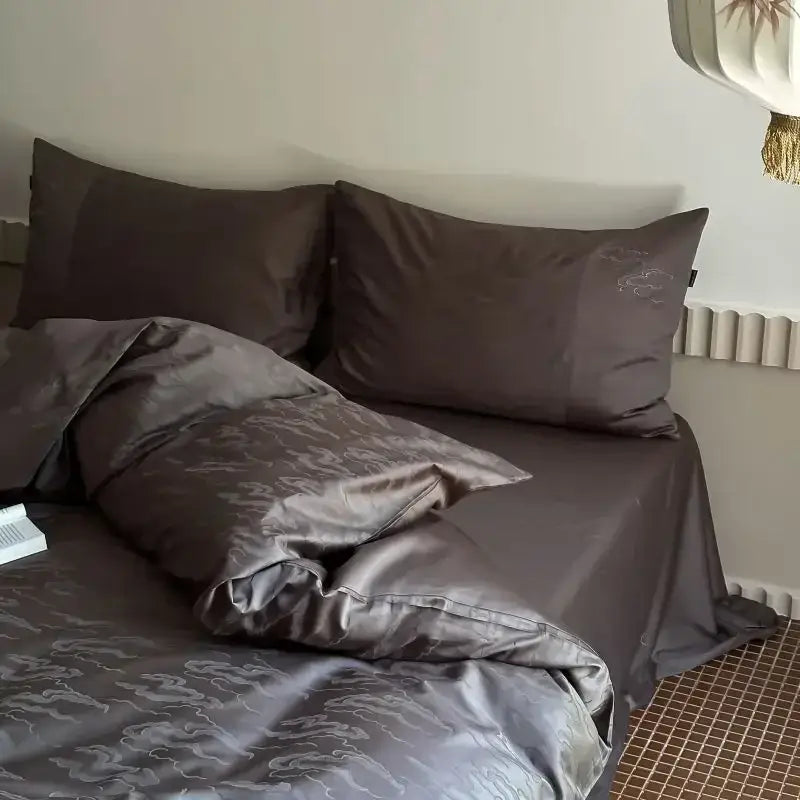 Decorbites™ chinese style dark gray satin duvet cover set with cloud-patterned embroidery in 100% cotton jacquard