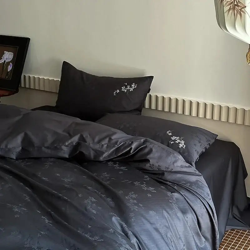 Decorbites™ chinese style dark gray 100% cotton jacquard duvet cover set with subtle floral embroidery on pillows