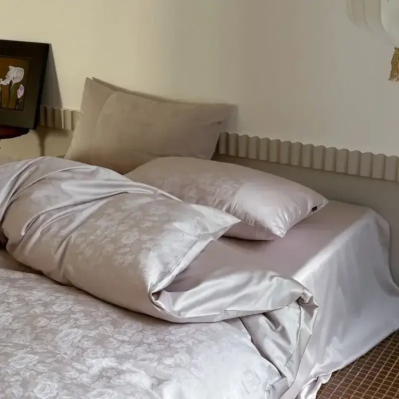 Silky silver satin duvet cover set with subtle floral embroidery from decorbites chinese style 100% cotton jacquard cover set