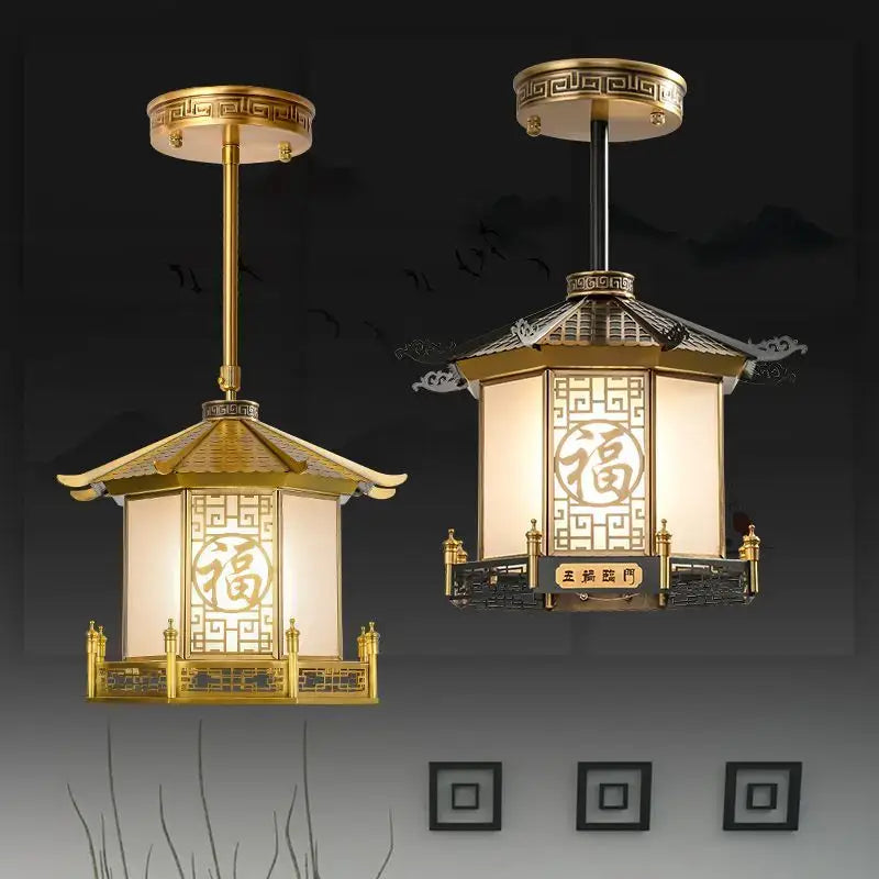 Golden decorbites Chinese style pendant light with intricate design and glowing white panels for Chinese style balcony