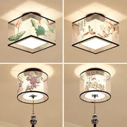 Decorbites chinese style ceiling lamp with black frames and ink wash floral fabric shades for hotel villa corridors