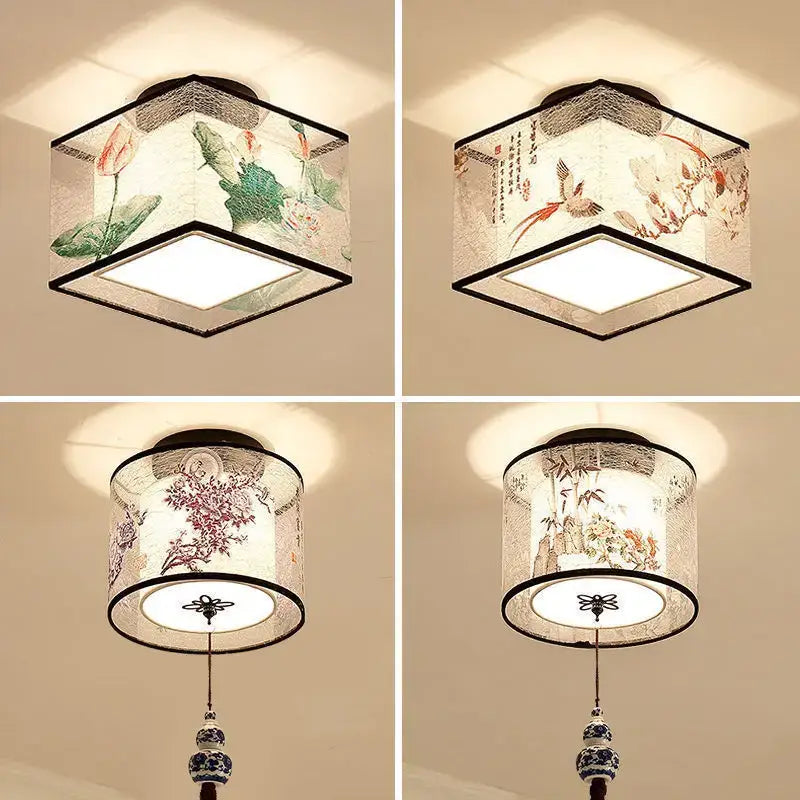 Decorbites chinese style ceiling lamp with black frames and ink wash floral fabric shades for hotel villa corridors
