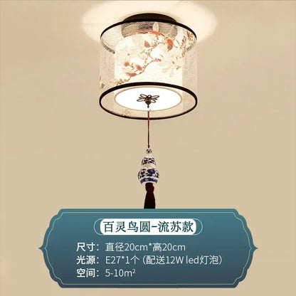 Decorbites chinese style ceiling lamp with translucent patterned floral shade in red and blue for hotel corridors