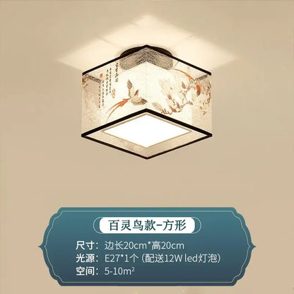 Square ceiling lamp with white fabric shade featuring traditional chinese bird and floral illustrations by DecorBites Chinese style