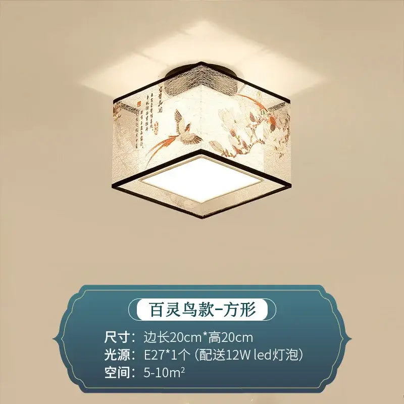 Square ceiling lamp with white fabric shade featuring traditional chinese bird and floral illustrations by DecorBites Chinese style