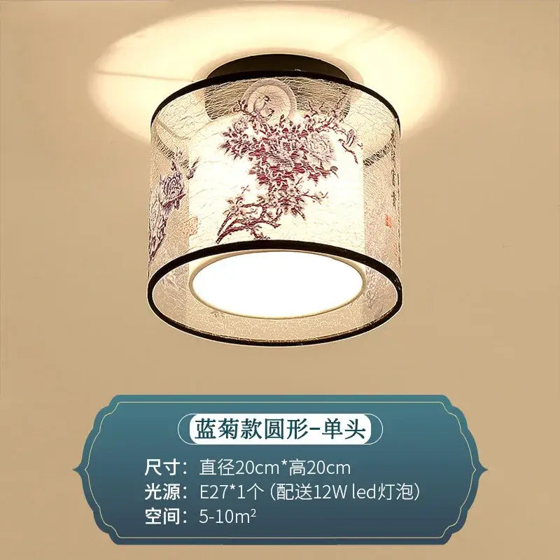 Decorbites chinese style ceiling lamp with crackled white fabric shade featuring red and black ink designs and black trim