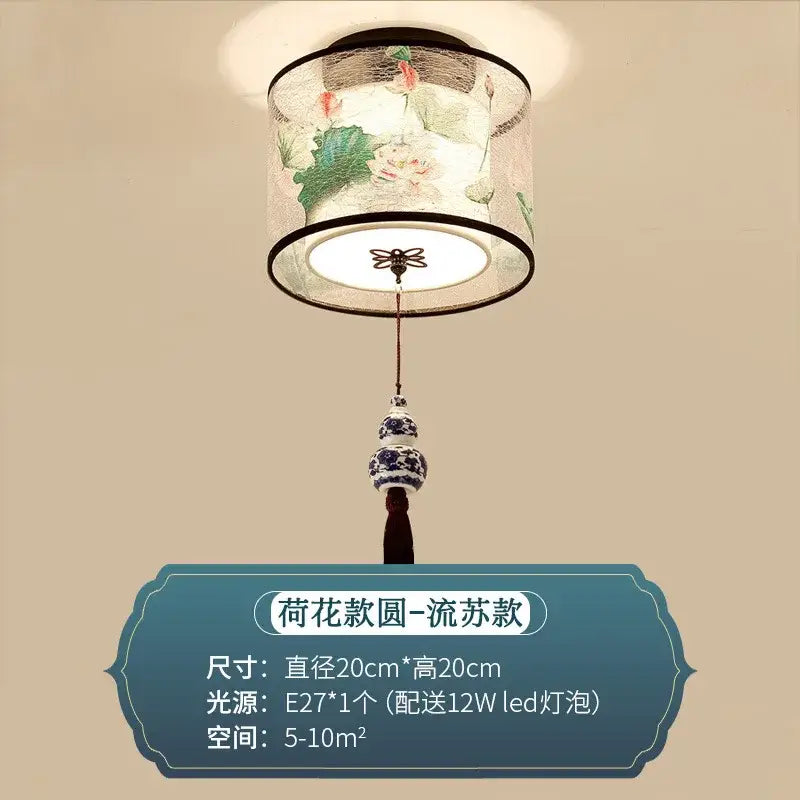 DecorBites chinese style ceiling lamp with translucent embroidered lotus pattern and blue porcelain pendant for villa corridors