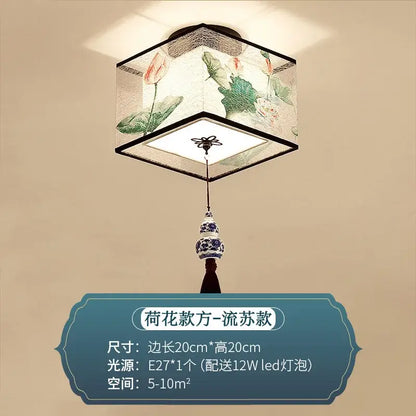 Decorbites chinese style square ceiling lamp with pink lotus fabric shade and blue porcelain pendant for villa corridors