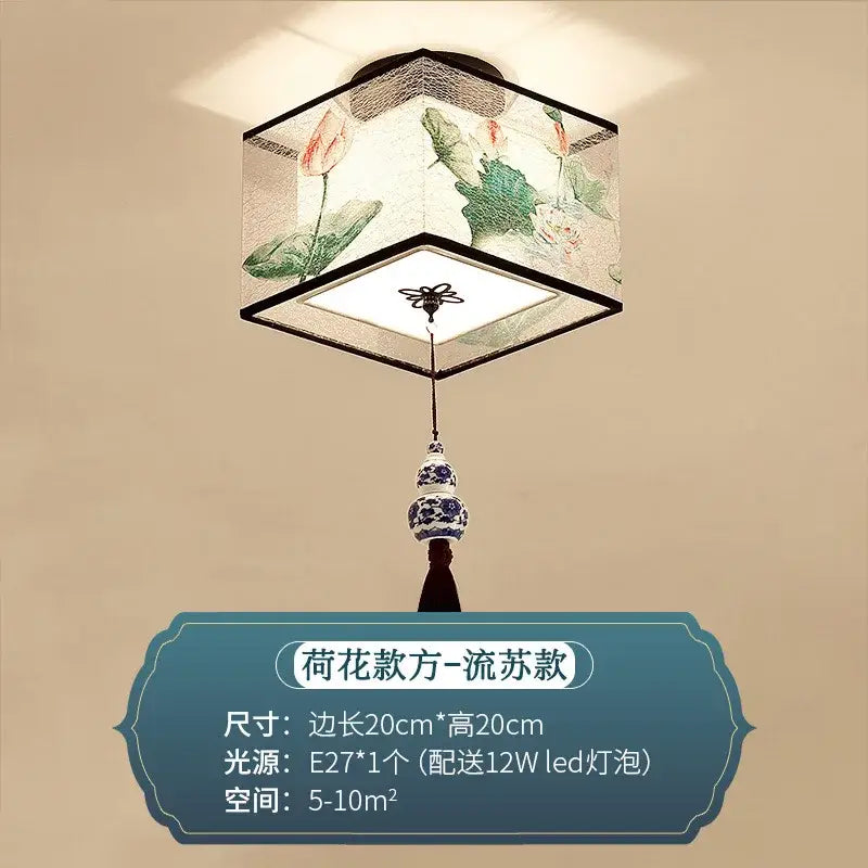 Decorbites chinese style square ceiling lamp with pink lotus fabric shade and blue porcelain pendant for villa corridors