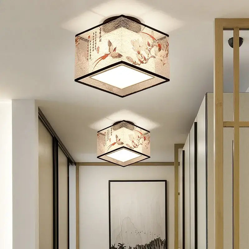 Square ceiling lamp with beige fabric shade featuring traditional chinese ink painting by decorbites chinese style for hotel corridors