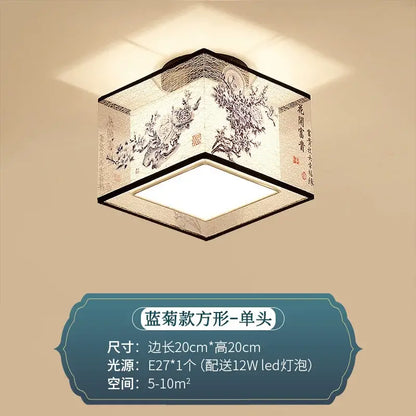 Decorbites chinese style ceiling lamp with square beige fabric shade and black floral calligraphy design for warm lighting
