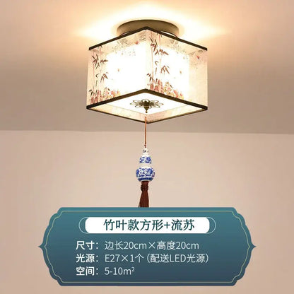 Square-shaped decorbites chinese style ceiling lamp with white fabric shade bamboo floral patterns and blue porcelain tassel