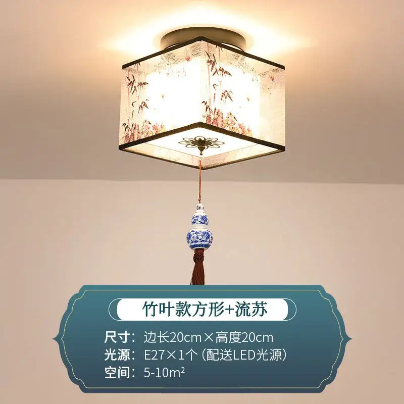 Square-shaped decorbites chinese style ceiling lamp with white fabric shade bamboo floral patterns and blue porcelain tassel