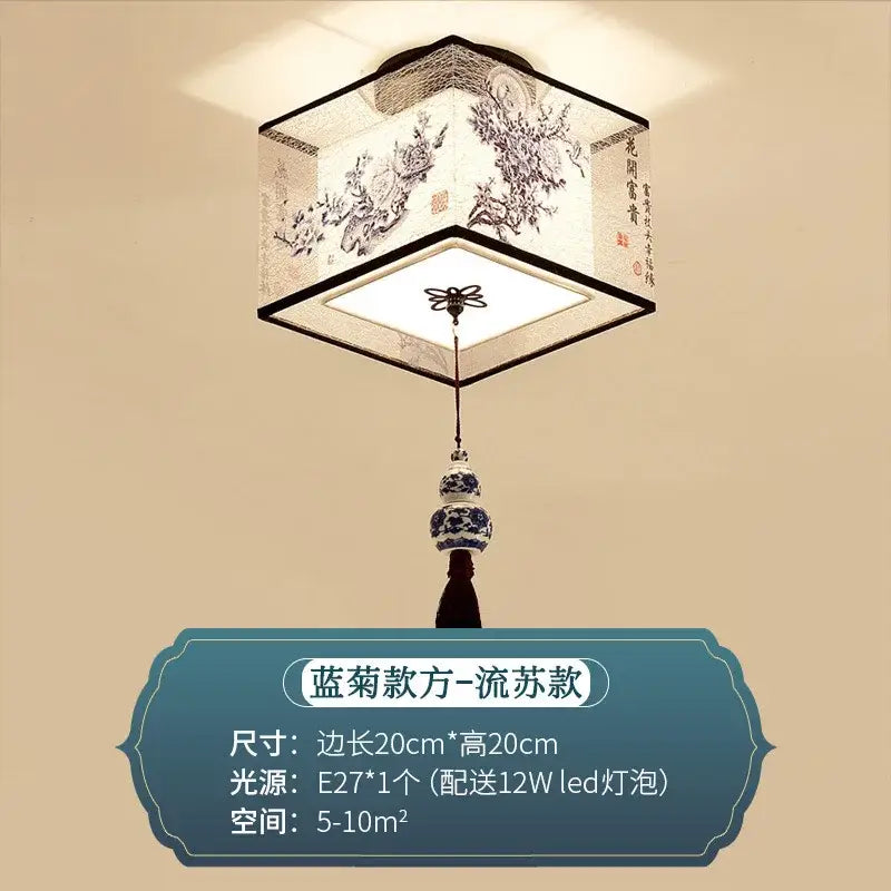 Square ceiling lamp with white fabric shade black ink brushwork and blue white porcelain decorbites chinese style ceiling lamp