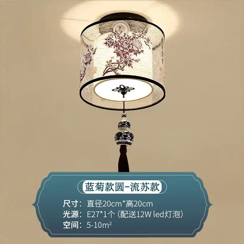 DecorBites Chinese style ceiling lamp with white fabric shade and floral embroidery, blue porcelain pendant for hotel corridors