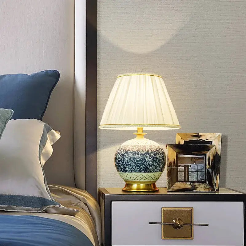 DecorBites™ Chinese style blue and white ceramic copper table lamp with gold base and cream shade for living room