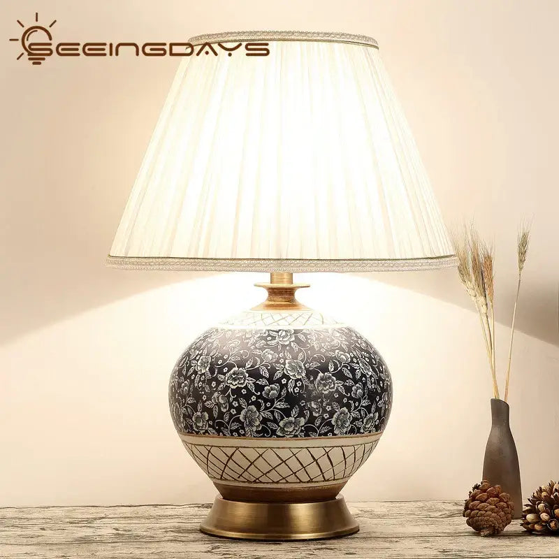 DecorBites™ Chinese style black ceramic copper table lamp with white floral patterns and gold base for living room and bedroom