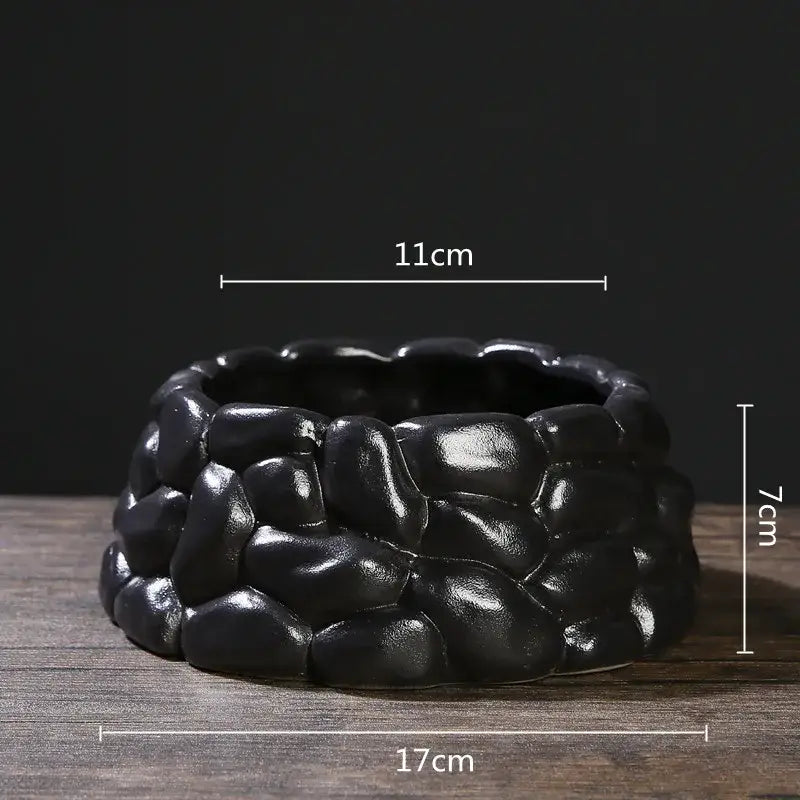 Black ceramic flowerpot vase with textured pebble surface 17cm wide by 7cm tall for bonsai floral decor
