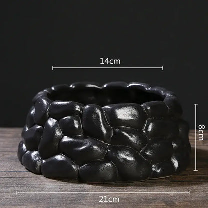 Black ceramic flowerpot vase with textured pebble-like surface and glossy finish for bonsai floral decor