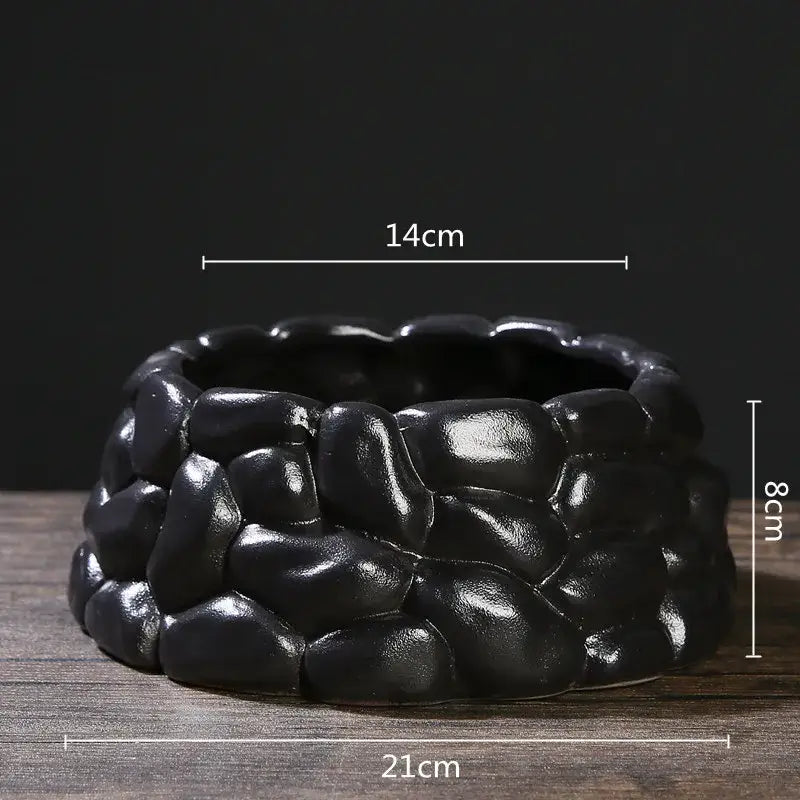 Black ceramic flowerpot vase with textured pebble-like surface and glossy finish for bonsai floral decor