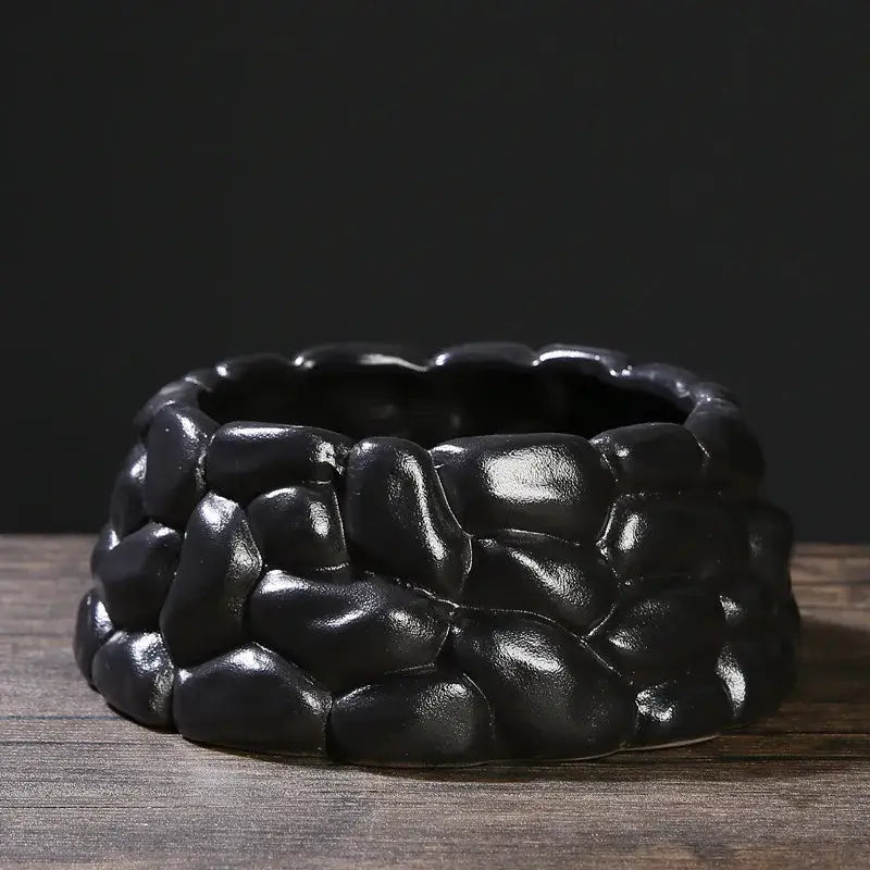 Black ceramic flowerpot vase with textured pebble-like surface for bonsai floral decor and home arrangement
