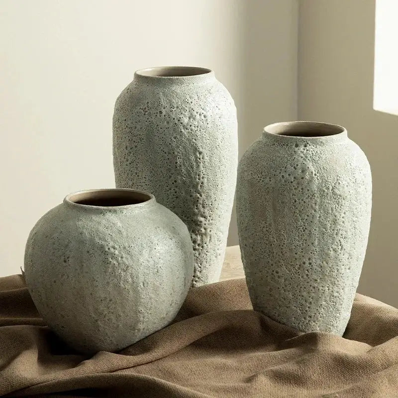 Set of three matte light gray ceramic vases with textured speckled surface chinese style ceramic vase for home decor