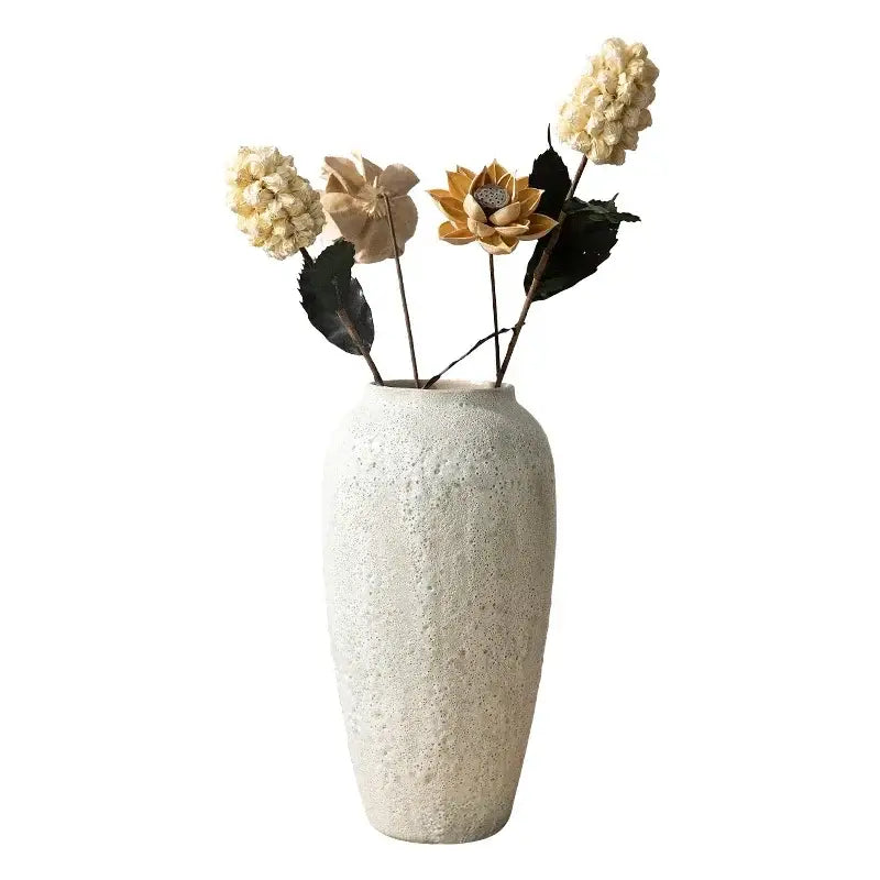 DecorBites™ chinese style ceramic vase in textured off-white holding dried cream tan and gold flowers for home decor