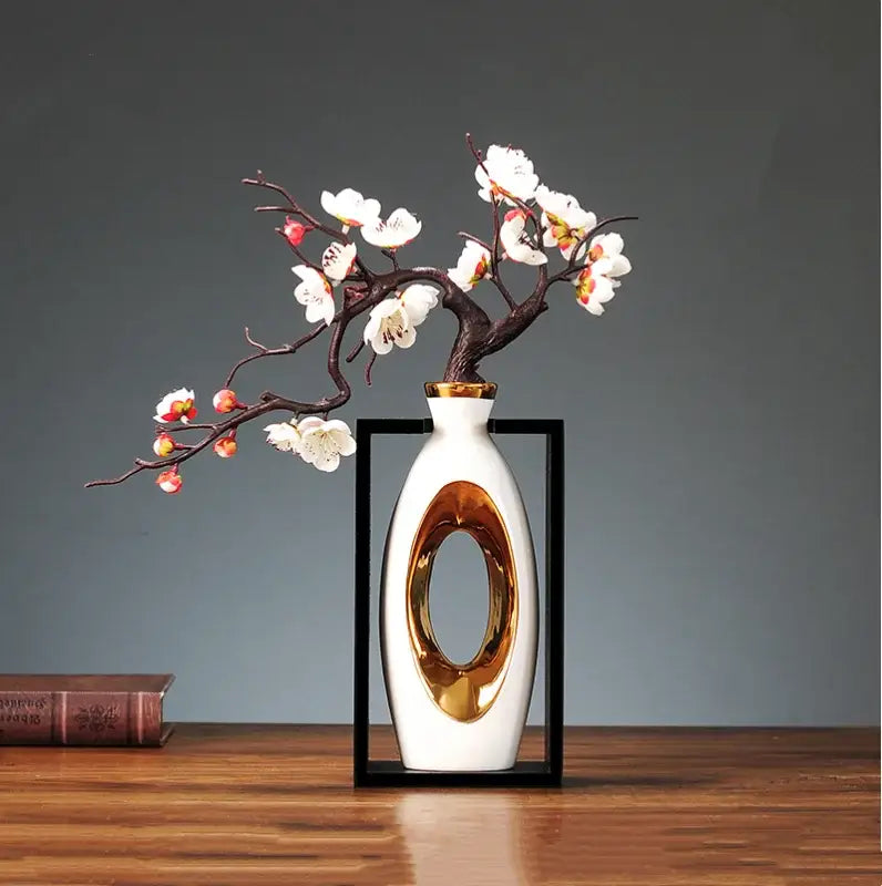 Decorbites chinese style white ceramic vase with gold oval cutout and plum blossom branch for modern home decor