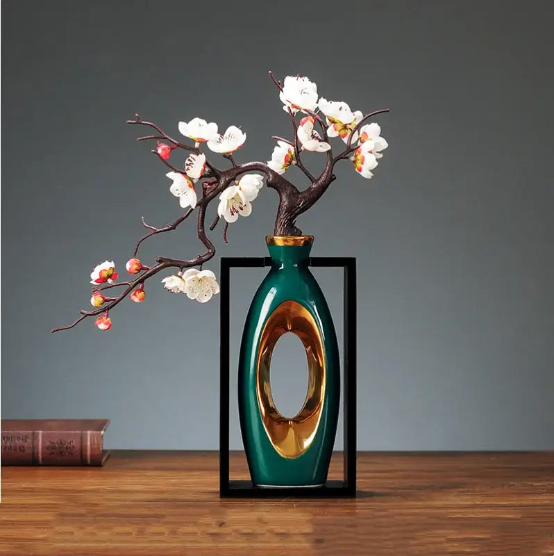 Teal ceramic vase with gold oval cutout in a black wooden frame decorbites chinese style ceramic for modern decor